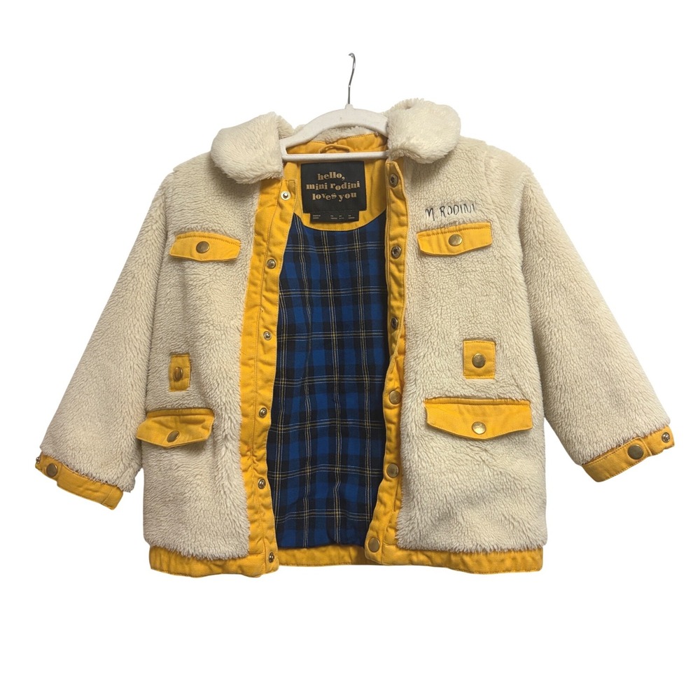 Mini Rodini Sherpa Fleece Jacket Cream Yellow Plaid Lined Coat 6-7Y